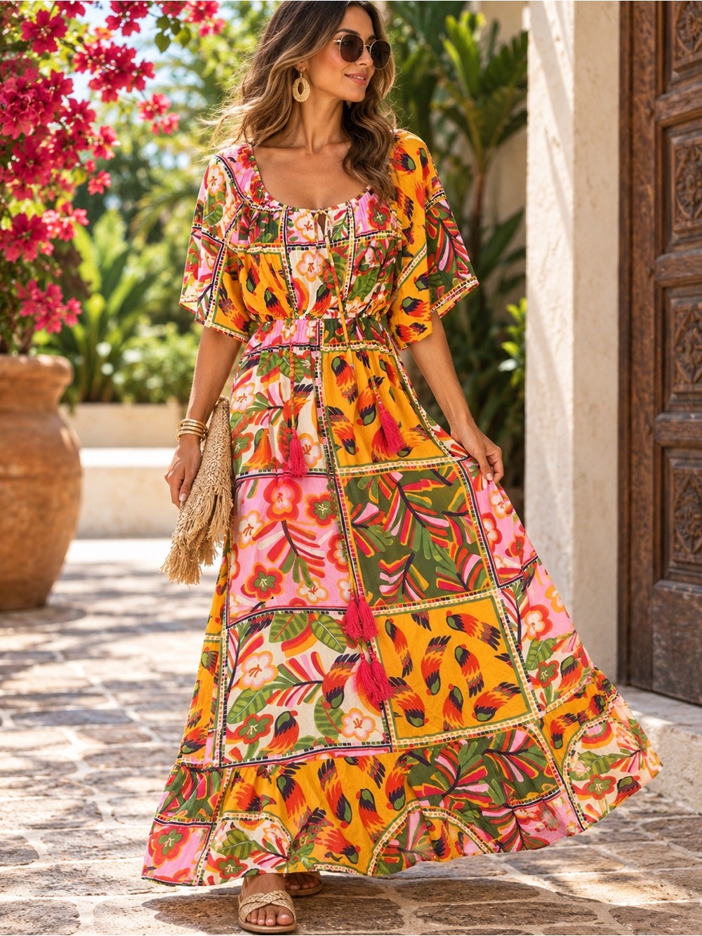NWT Label of Love Calista Tropical Bird Floral Maxi Dress L Boho costal #639
